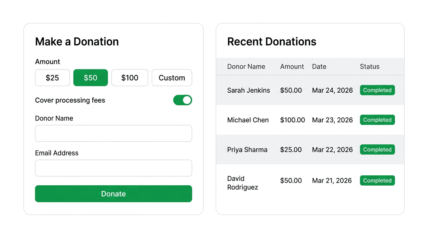 Bloom donation form with fee coverage toggle and recent donations list