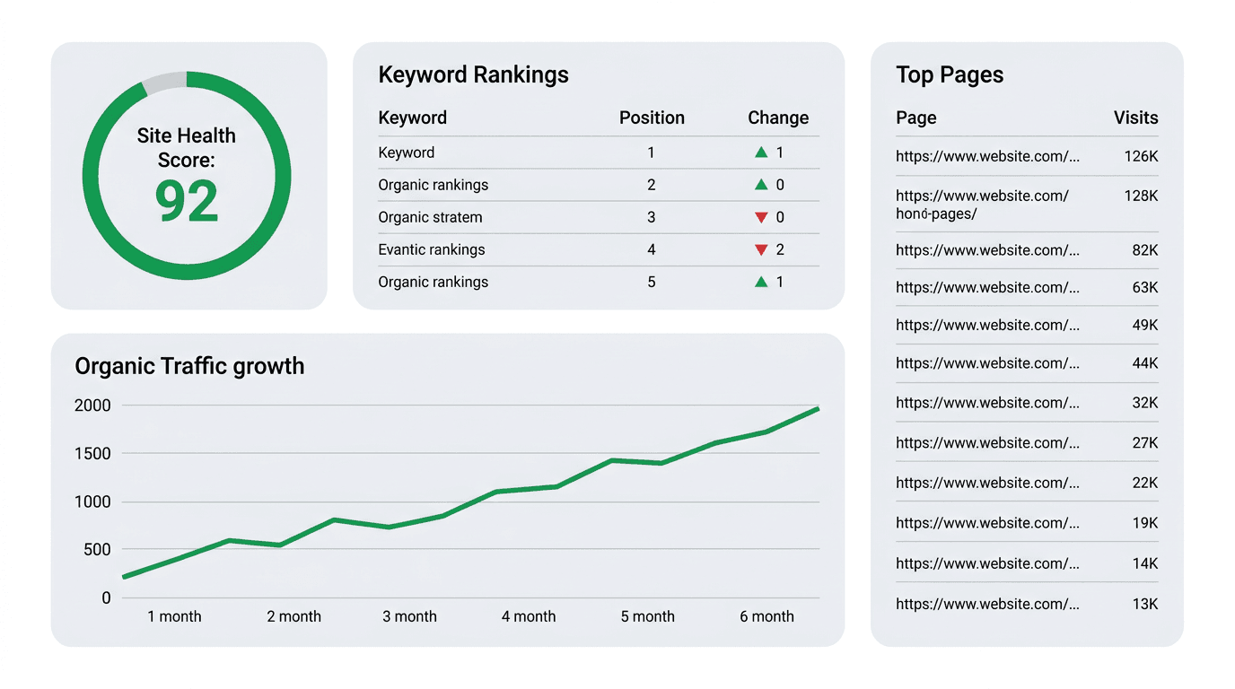 Bloom SEO dashboard showing site health score, keyword rankings, and organic traffic growth
