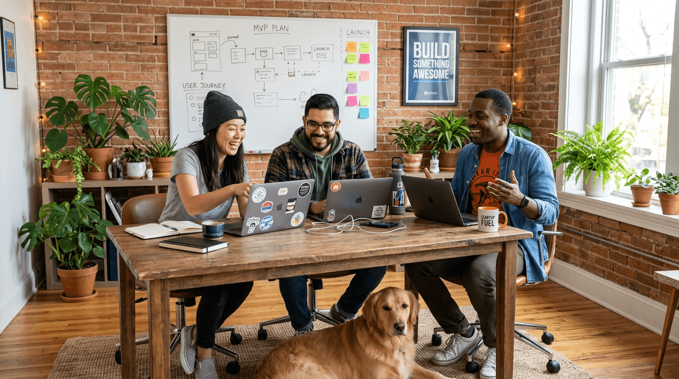 The Bloom team collaborating in their office with a friendly dog