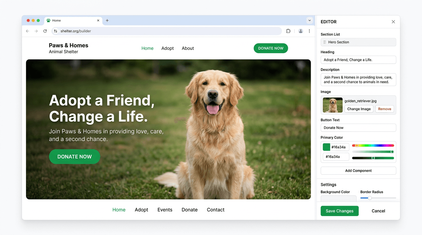 Bloom website builder showing a shelter website with an editing sidebar